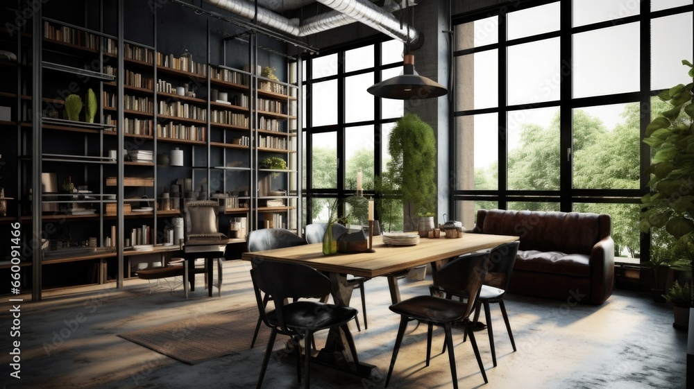 Interior design inspiration of Industrial Urban style home dining room loveliness decorated with Concrete and Steel material and Windows .Generative AI home interior design .