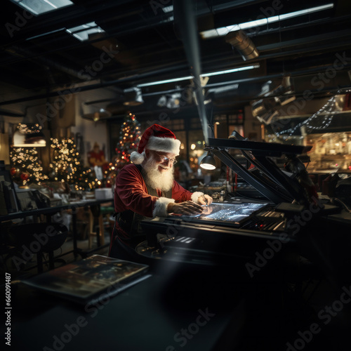 Santa Claus work in a High Tech Workshop