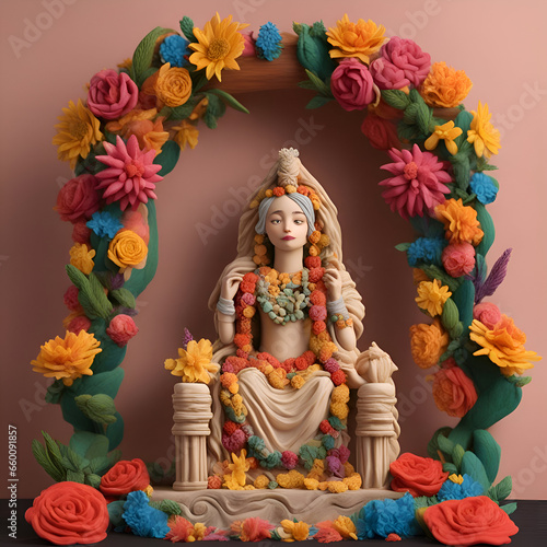Hindu God Ganesha statue made from clay with colorful flowers