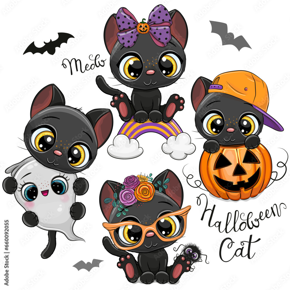 Halloween illustrations and design elements with black cat Halloween illustrations and design elements with black cat