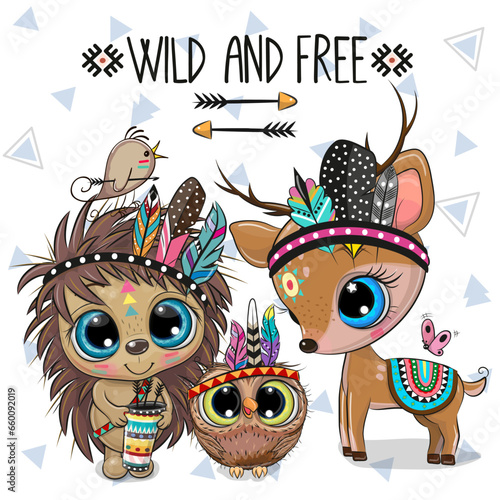 Cartoon tribal Hedgehog, Deer and Owl with feathers