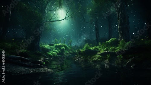 Green forest night light high resolution beautiful image Ai generated art