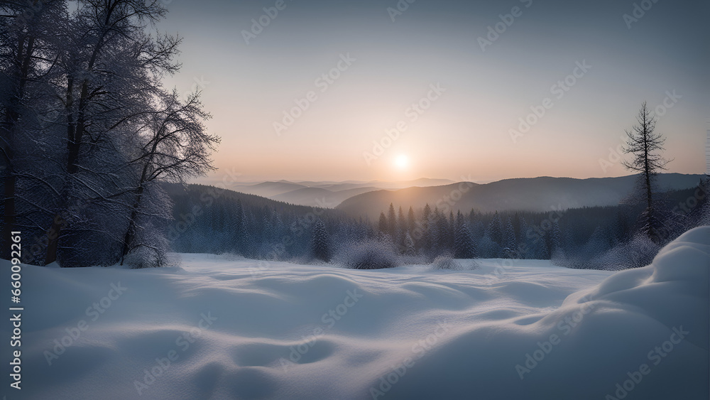 Winter landscape with snow covered trees in the mountains. Beautiful winter sunrise