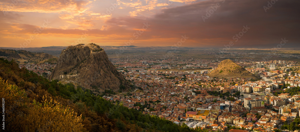 Panoramic view of Afyonkarahisar city at sunset. Thermal capital of the Central Anatolia region. The province famous for its sausage and Turkish delight. Turkey travel destinations.