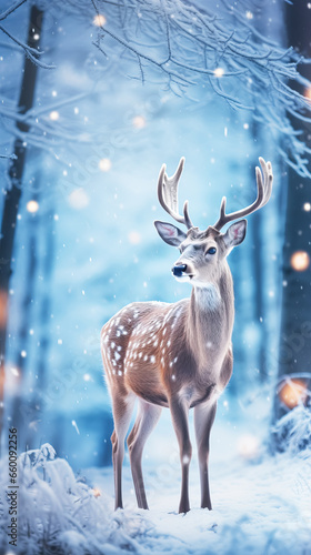 Christmas greeting card with beautiful deer in magical snowy forest, vertical format