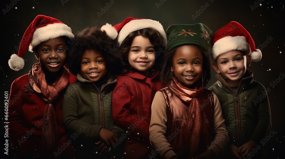 Two boys and three girls of different races and cultures on a christmas background Two boys and three girls of different races and cultures on a christmas background