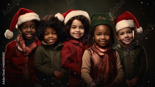 Two boys and three girls of different races and cultures on a christmas background