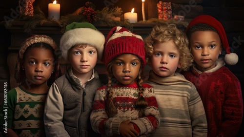 Two girls and three boys of different races and cultures celebrating christmas