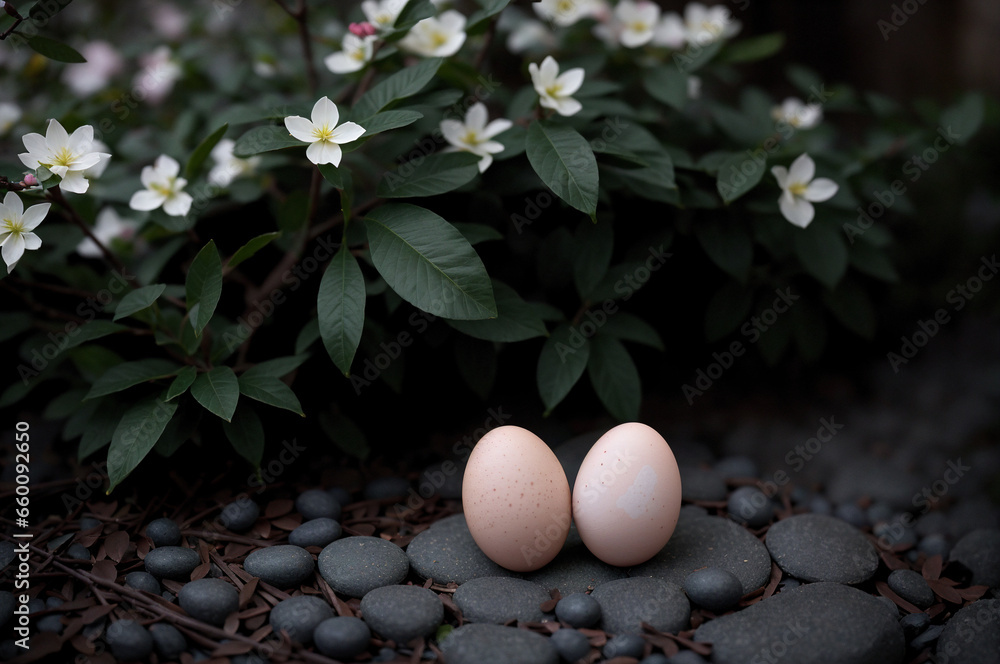A couple of eggs sitting on top of a pile of rocks.