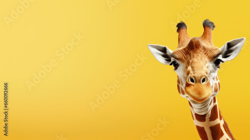 This image features a cheerful giraffe with a wide banner and copy space  set against a simple  unicolored background.Generative AI