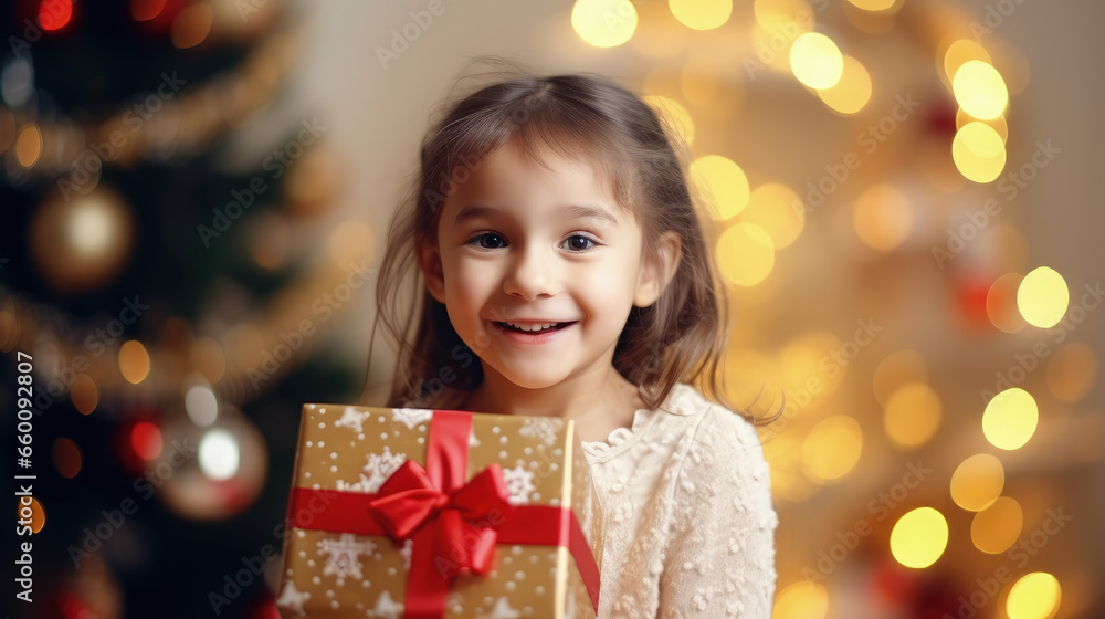 A cheerful girl stands by a festive Christmas tree, holding a gift. A cheerful girl stands by a festive Christmas tree, holding a gift.