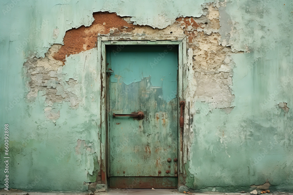Old shabby metal door with rusty hinge near green wall Old shabby metal door with rusty hinge near green wall