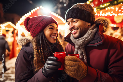 Happy multiracial couple drinking mulled wine at Christmas fair in festively decorated city
