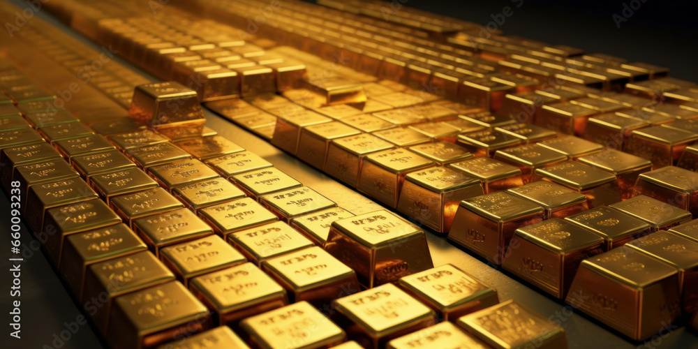 Gold ingots on black background. Financial concept. Generative AI. Gold ingots on black background. Financial concept. Generative AI.