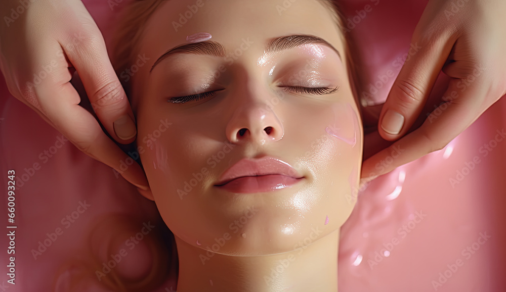 cara de mujer recibiendo tratamiento de belleza y masaje en un spa - obrazy, fototapety, plakaty 