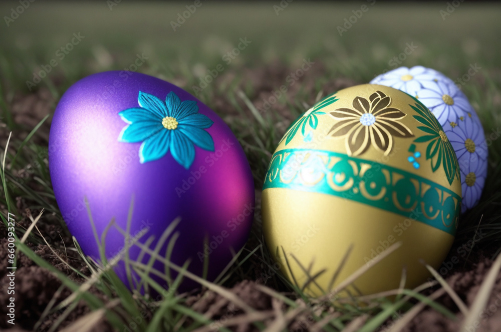 Purple, gold and flower designed easter eggs in the grass.