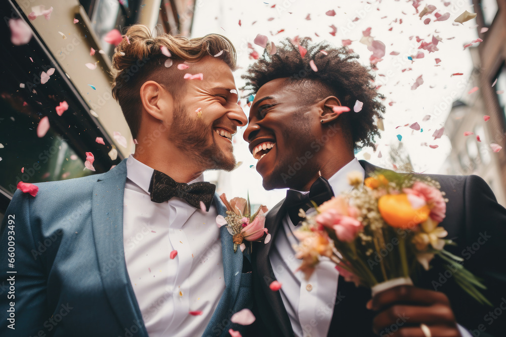 © Helena GARCIA - pareja de hombres abrazados y recién casados vestidos con traje de fiesta sobre fondo de ciudad desenfocado © Helena GARCIA - pareja de hombres abrazados y recién casados vestidos con traje de fiesta sobre fondo de ciudad desenfocado