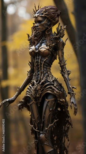 Her skeleton costume is in the forest in the style Ai generated art