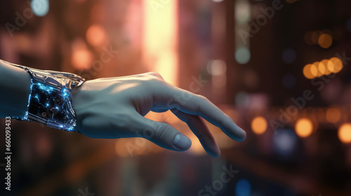 Conceptual image of a human finger delicately touching a robot's metallic finger, representing the harmony between humans and AI technology. Blurred technology background.