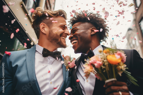 pareja de hombres abrazados y recién casados vestidos con traje de fiesta sobre fondo de ciudad desenfocado  photo