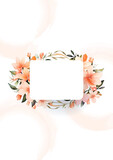 Peach watercolor hand painted background template for Invitation with flora and flower