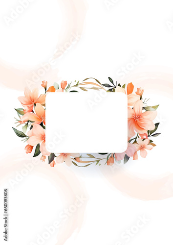 Peach watercolor hand painted background template for Invitation with flora and flower