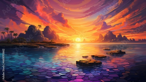 Hexagon beautiful color island sunset painting Ai generated art