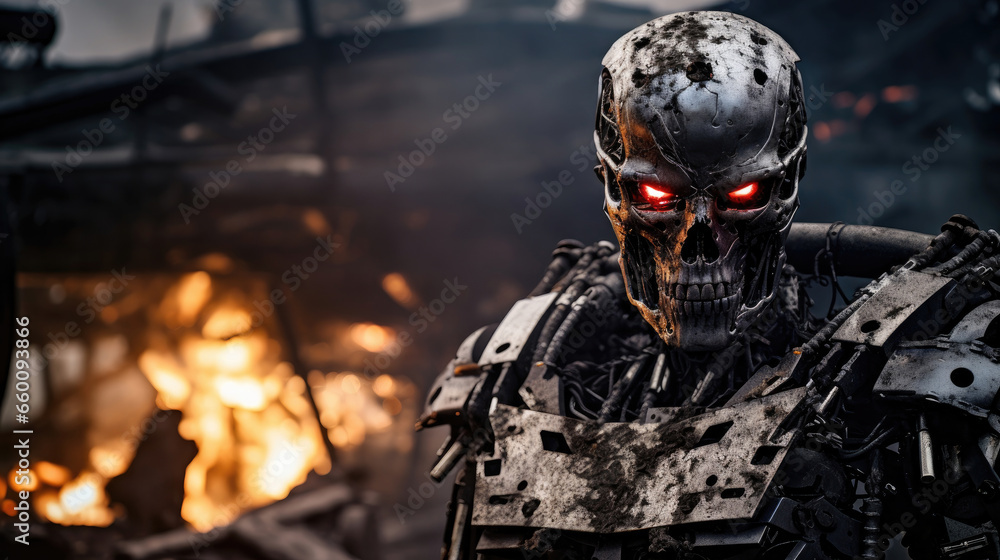 Damaged metal skeleton robot, without human shell, humanoid with artificial intelligence, in destroyed abandoned environment, machine in war against humanity, metal combat robot and soldier Damaged metal skeleton robot, without human shell, humanoid with artificial intelligence, in destroyed abandoned environment, machine in war against humanity, metal combat robot and soldier