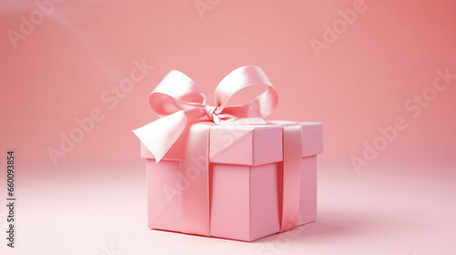 This charming image features a pink gift box with a ribbon on a soft pink background, offering copy space and ideal for romantic occasions.