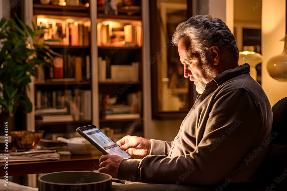 Fototapeta premium Mature man reviews his investments through the internet on a tablet in the comfort of his home.
