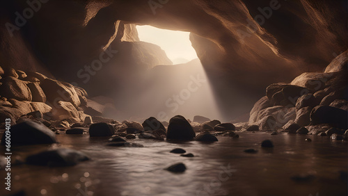 Beautiful dark cave with light rays coming through it. 3d rendering photo