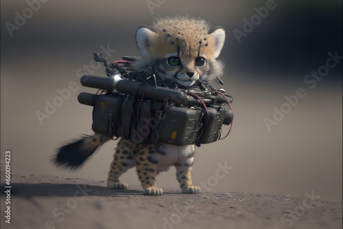 a superb Chibi adorable cute cheetah cub with jetpack hunting  photo