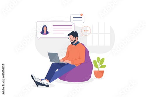 Freelancer working on laptop, using social media at house vector