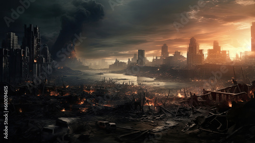 Apocalypse City with Bombed Buildings. War Concept
