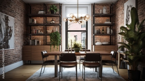 Interior design inspiration of Industrial Mid-Century Modern style home dining room loveliness decorated with Metal and Leather material and Pendant Light .Generative AI home interior design .