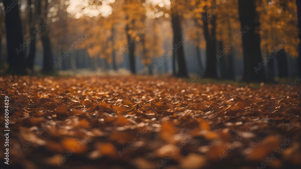 Autumn forest with yellow leaves on the ground. shallow depth of field