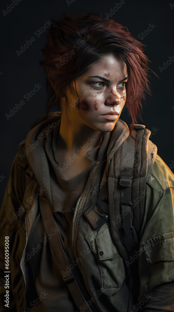 A post apocalyptic character with outfit and weapons isolated on a solid background