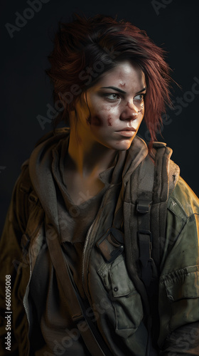 A post apocalyptic character with outfit and weapons isolated on a solid background