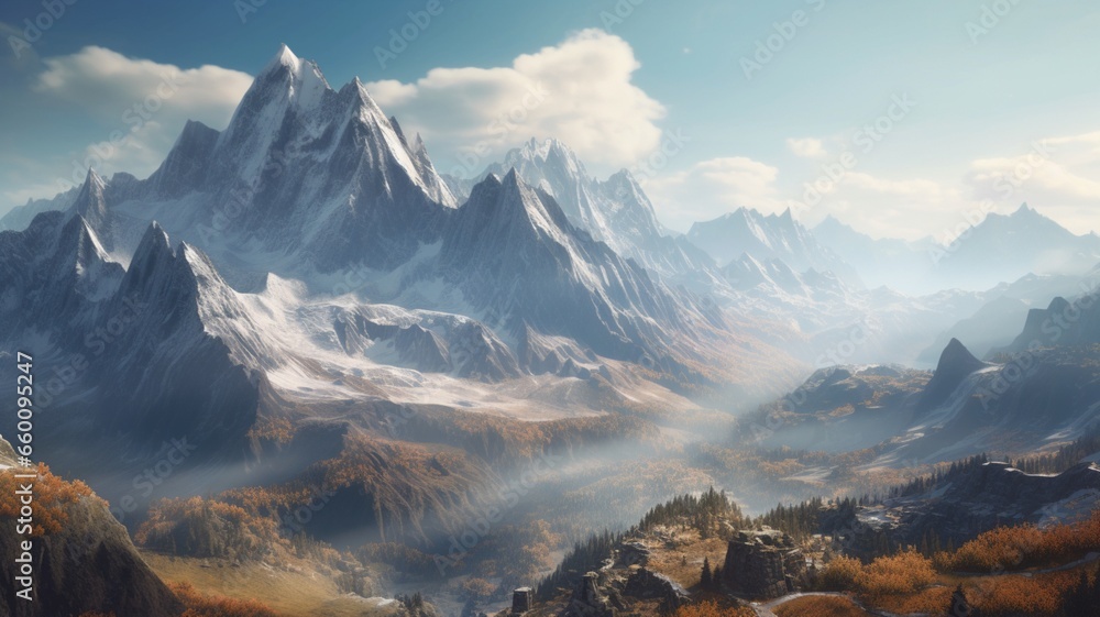 Huge mountain fantasy landscape valley digital art wallpaper image AI generated art