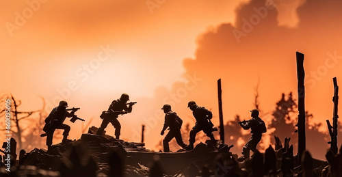 Battle scene. Military silhouettes fighting scene on war fog sky background. Plastic toy soldiers with guns take prisoner the enemy soldiers. photo