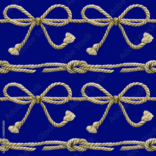 Seamless pattern of watercolor rope cords with bow knots. Hand drawn illustration. Hand painted elements on Navy background.