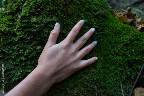 Close-up, top view. A girl's hand touches the moss with her painted fingernails. Natural background, grass and moss. 