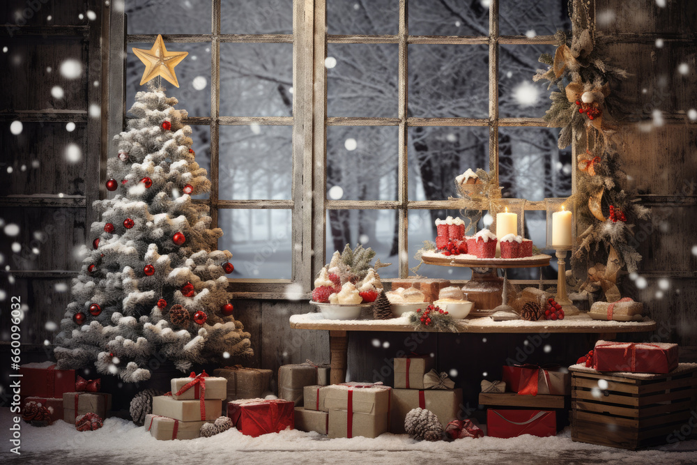 Christmas holiday background decorate with gift boxes, tree and ornaments, happy new year celebration, festive design scene.