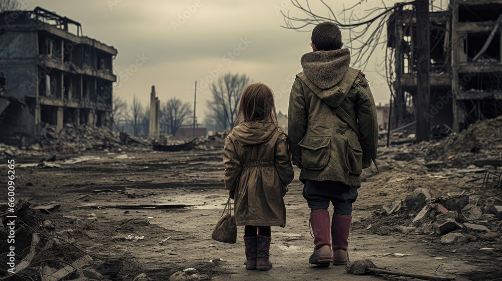 Children without a home, apocalypse, war - obrazy, fototapety, plakaty 