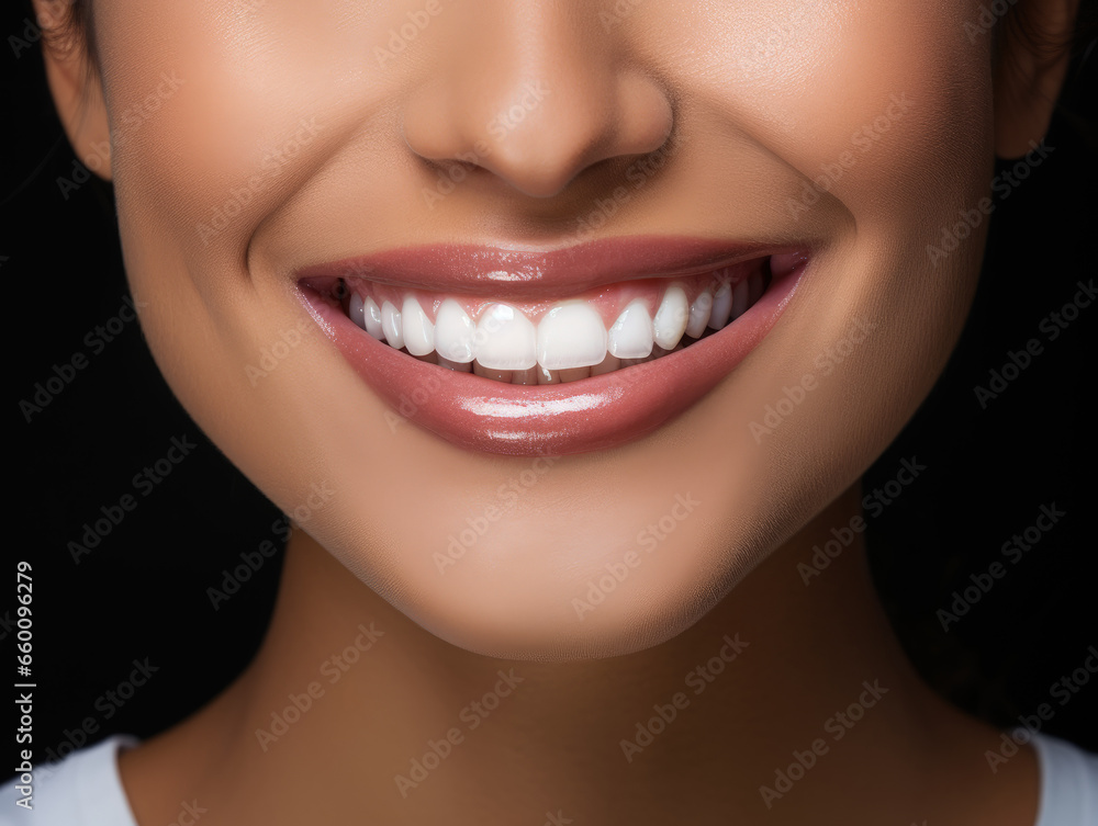 Craft an impactful banner featuring a close-up of a stunning woman's beautiful smile with perfect white teeth against a dark black backdrop. Ideal for dental health and beauty-related concepts. Craft an impactful banner featuring a close-up of a stunning woman's beautiful smile with perfect white teeth against a dark black backdrop. Ideal for dental health and beauty-related concepts.