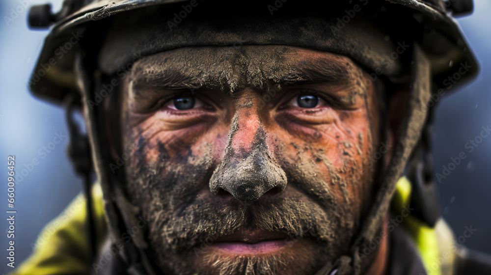 a firefighter after a successful rescue mission, a mix of exhaustion and relief evident on their soot-streaked face. a firefighter after a successful rescue mission, a mix of exhaustion and relief evident on their soot-streaked face.