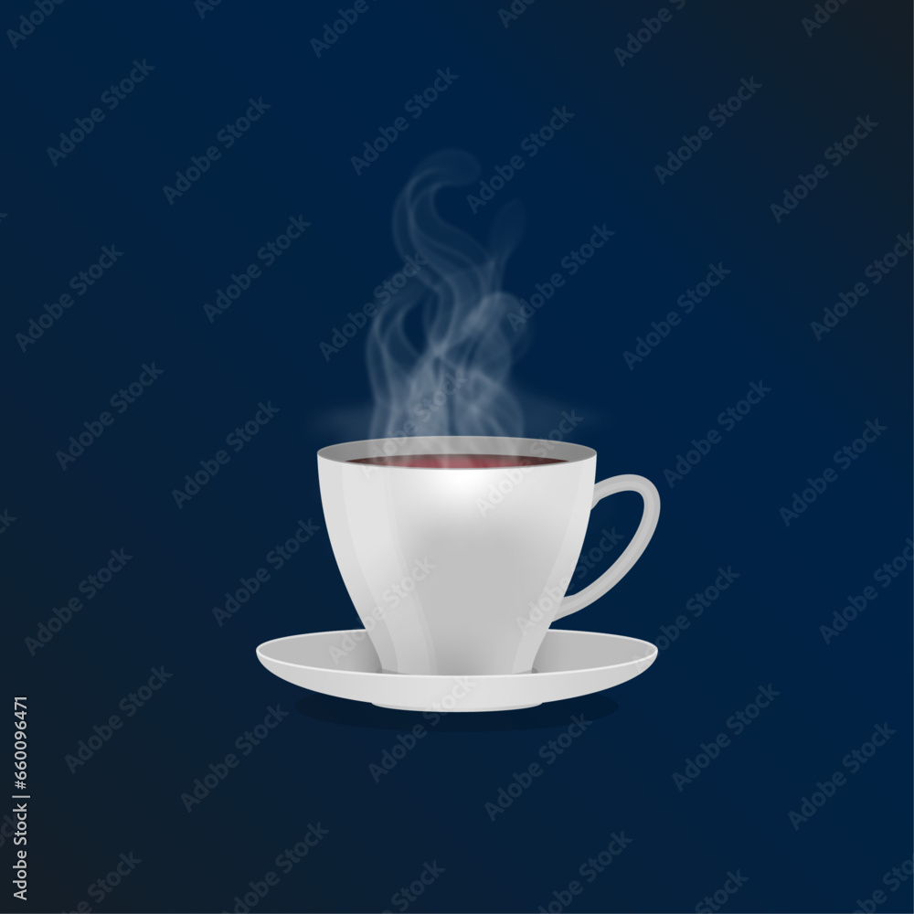 Fototapeta premium Vector Realistic Steaming Coffee Cup with Dark Blue Gradient Background