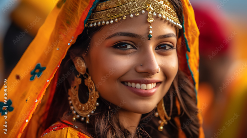 an individual dressed in traditional attire, their eyes crinkling with joy as they share in a cultural celebration, radiating a sense of pride and belonging. 