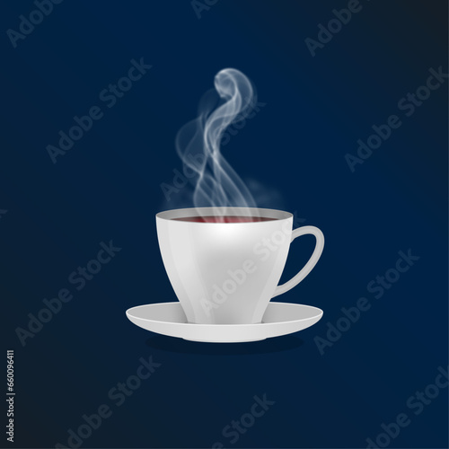 Vector Realistic Steaming Coffee Cup with Dark Blue Gradient Background