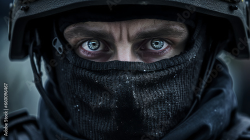 a police sniper on standby during a high-risk operation, their face focused and ready for swift action. They wear tactical gear that represents their commitment to maintaining public safe